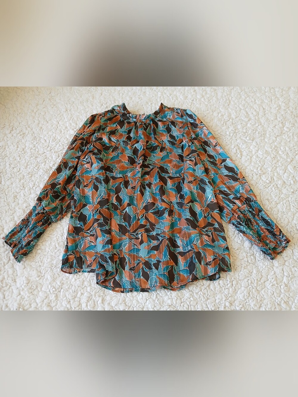 Maison d'Amelie Paris Blouse Womens Large Pleated Teal Bronze Gold Leaf Print Bo